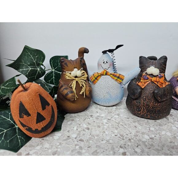 Set of 5 Primitive Rustic Leatherette 5" Aged HALLOWEEN Ghost Black Cat Witch - Picture 2 of 7